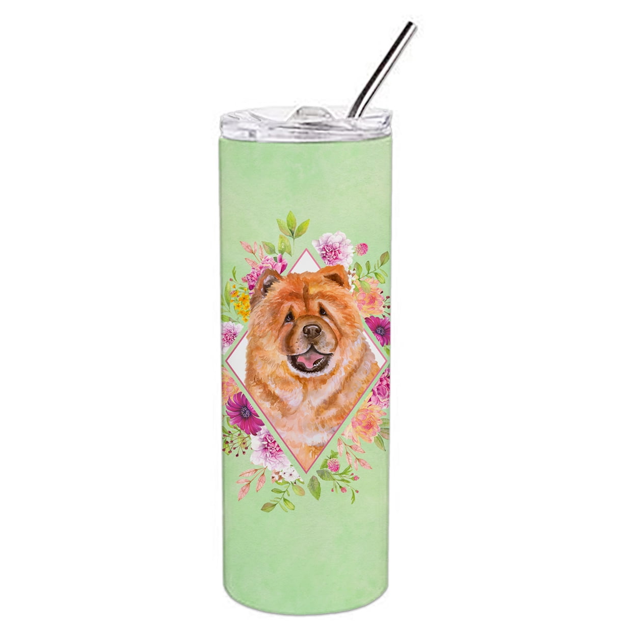 Picture of Carolines Treasures CK4291TBL20 20 oz Chow Chow No.1 Green Flowers Double Walled Stainless Steel Skinny Tumbler
