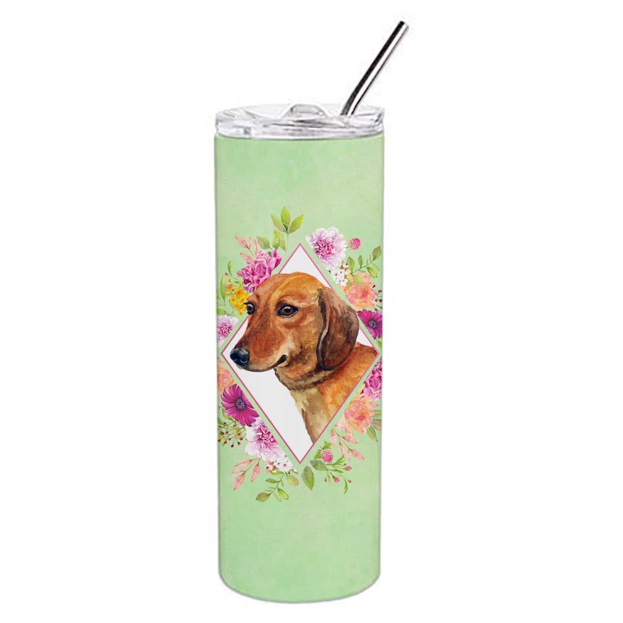 Picture of Carolines Treasures CK4294TBL20 20 oz Dachshund Red No.1 Green Flowers Double Walled Stainless Steel Skinny Tumbler