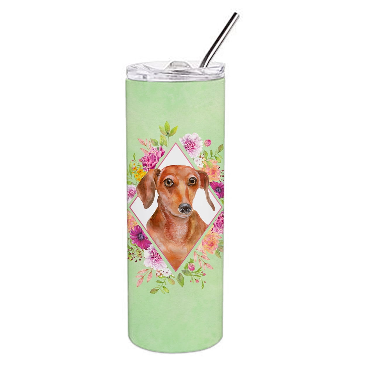 Picture of Carolines Treasures CK4295TBL20 20 oz Dachshund Red No.2 Green Flowers Double Walled Stainless Steel Skinny Tumbler