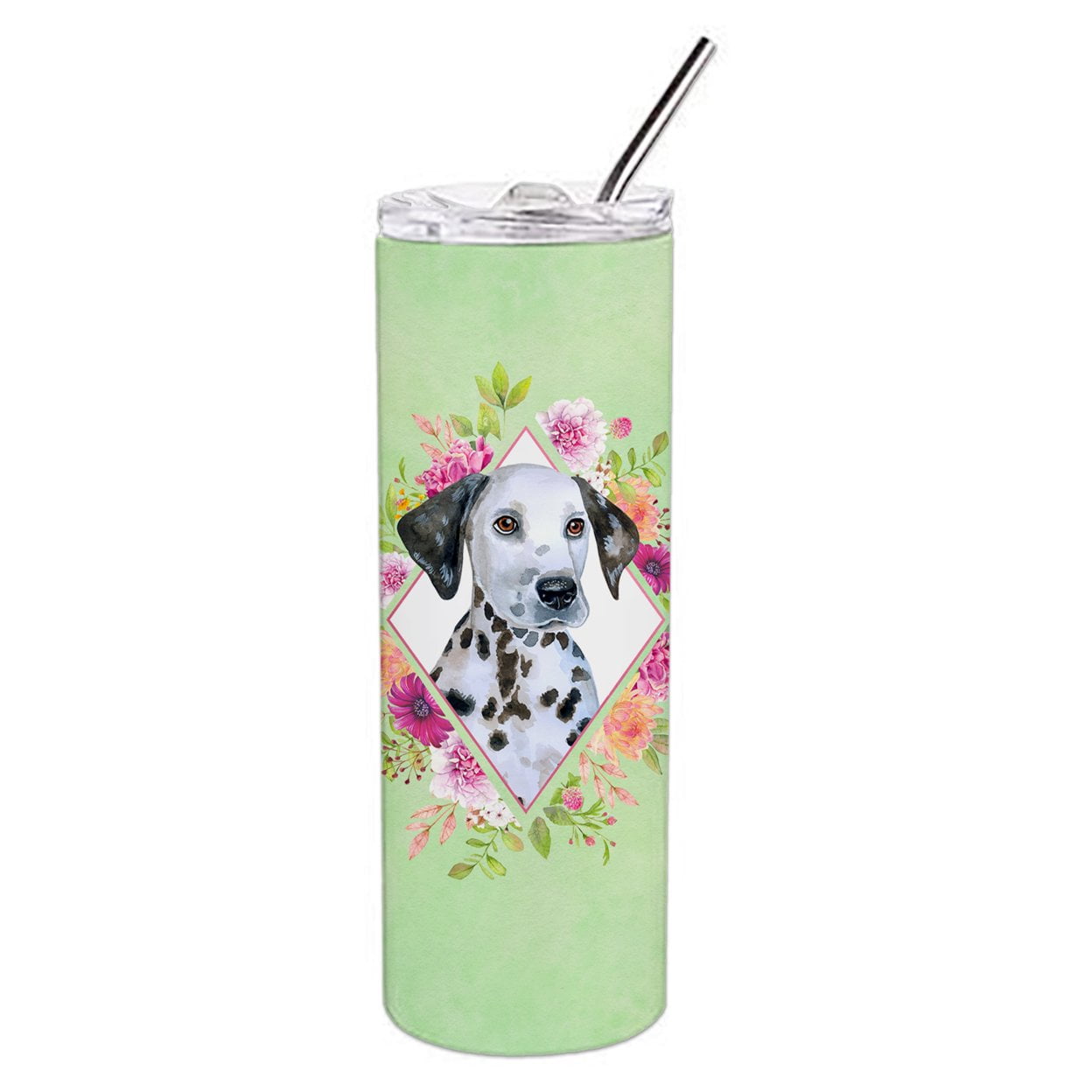 Picture of Carolines Treasures CK4296TBL20 20 oz Dalmatian Puppy Green Flowers Double Walled Stainless Steel Skinny Tumbler