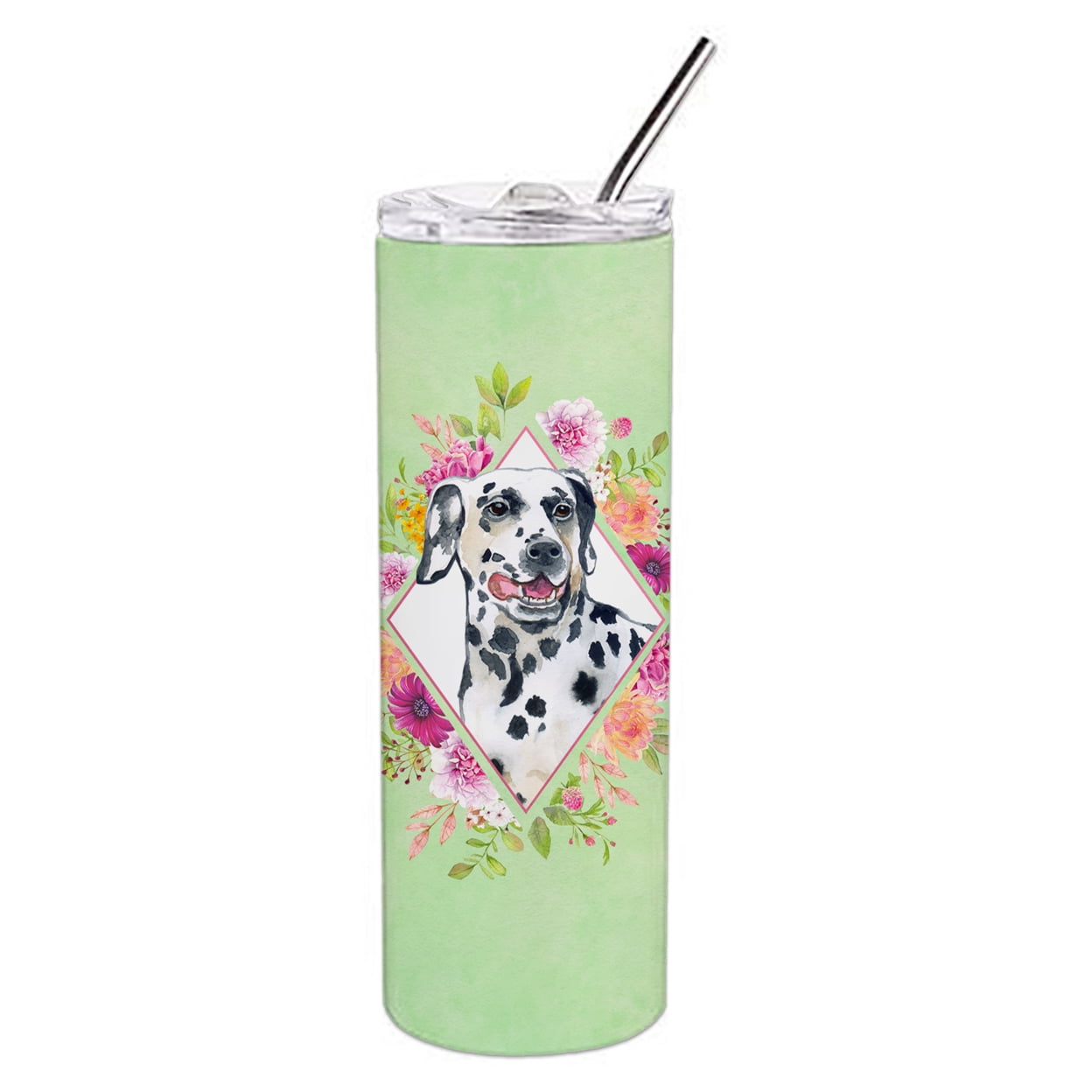 Picture of Carolines Treasures CK4297TBL20 20 oz Dalmatian Green Flowers Double Walled Stainless Steel Skinny Tumbler