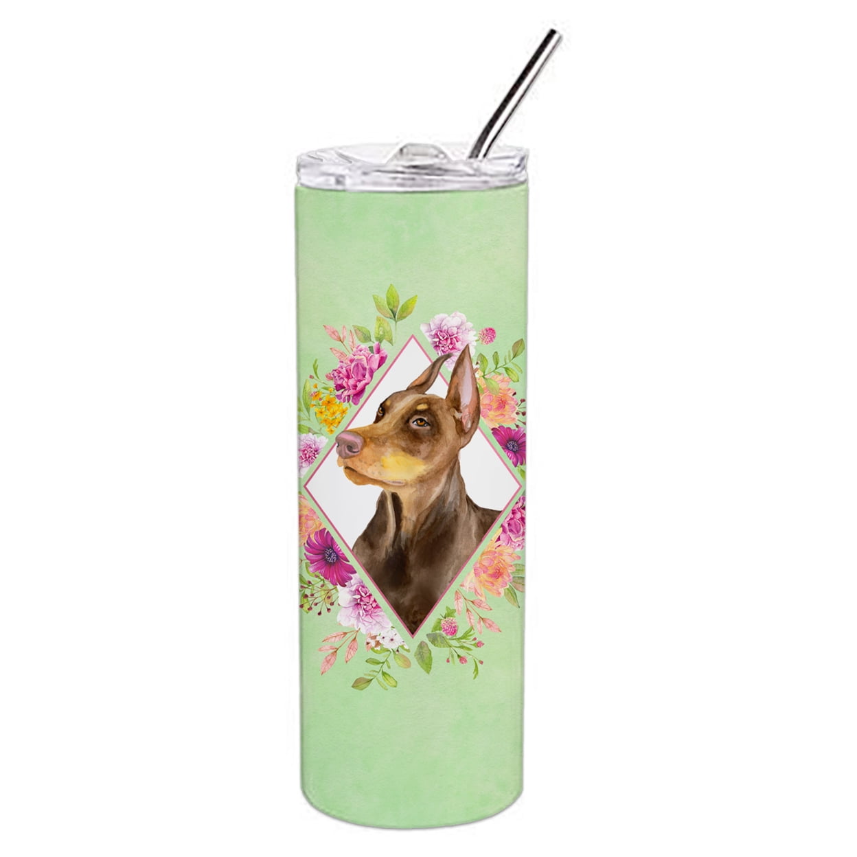 Picture of Carolines Treasures CK4298TBL20 20 oz Doberman Pinscher Green Flowers Double Walled Stainless Steel Skinny Tumbler