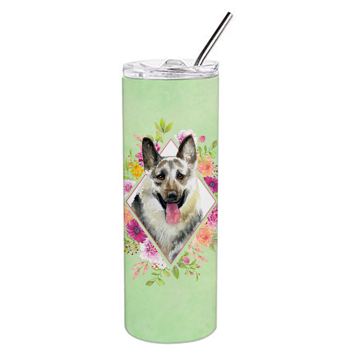 Picture of Carolines Treasures CK4299TBL20 20 oz Eastern German Shepherd Green Flowers Double Walled Stainless Steel Skinny Tumbler