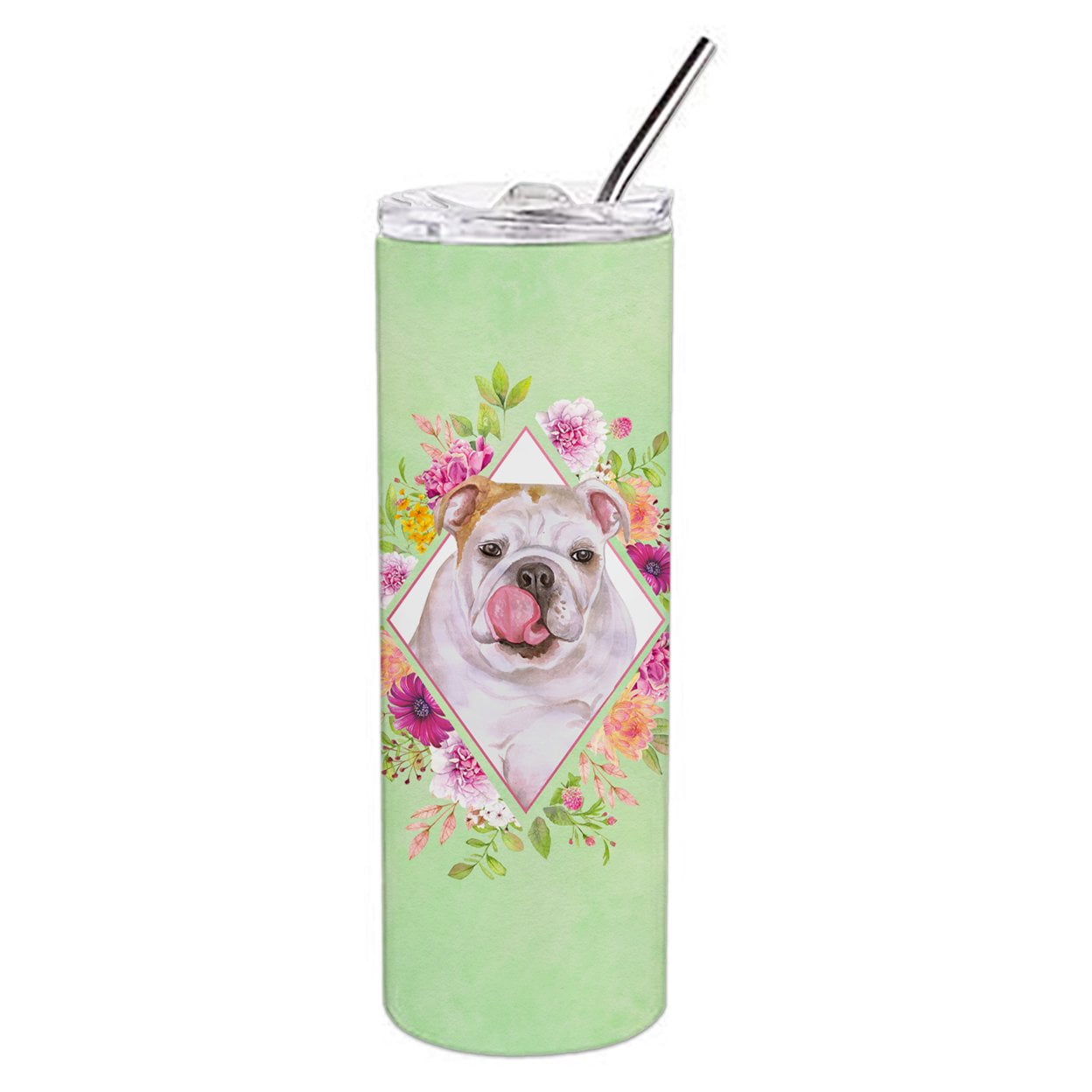 Picture of Carolines Treasures CK4300TBL20 20 oz English Bulldog Green Flowers Double Walled Stainless Steel Skinny Tumbler