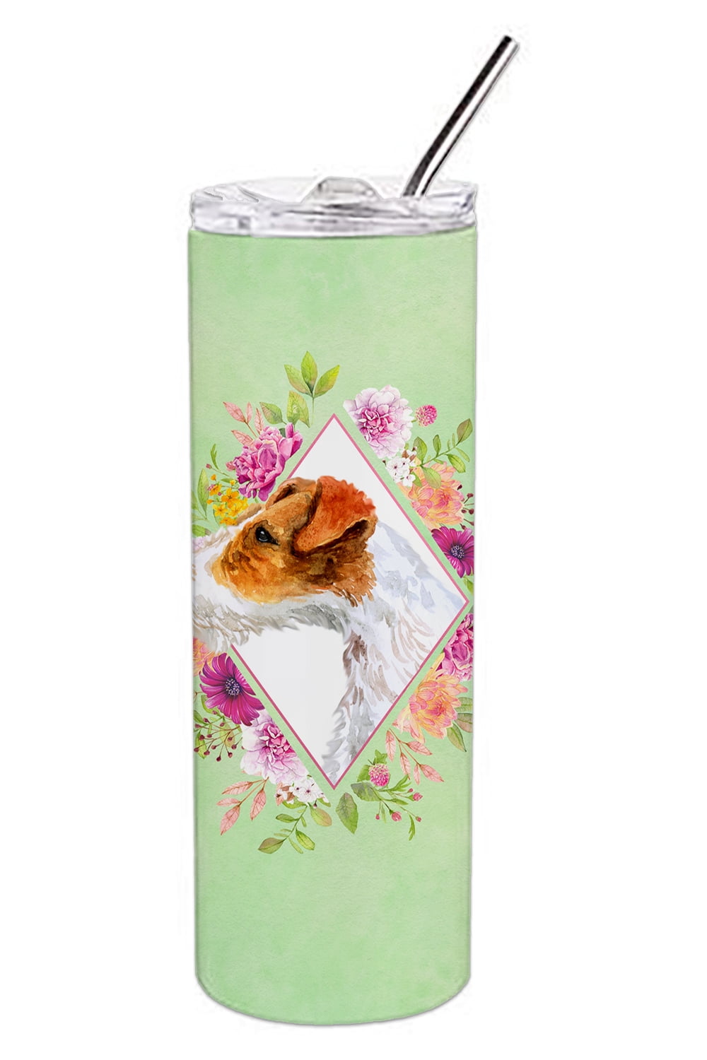 Picture of Carolines Treasures CK4302TBL20 20 oz Jack Russell Terrier No.2 Green Flowers Double Walled Stainless Steel Skinny Tumbler