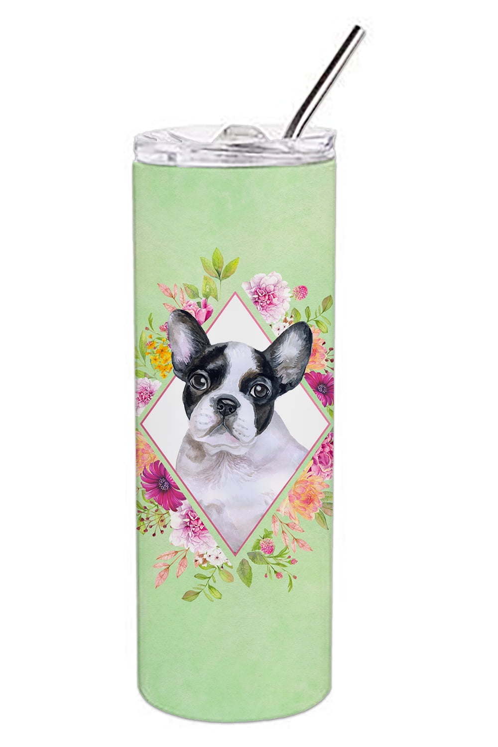 Picture of Carolines Treasures CK4303TBL20 20 oz French Bulldog Green Flowers Double Walled Stainless Steel Skinny Tumbler