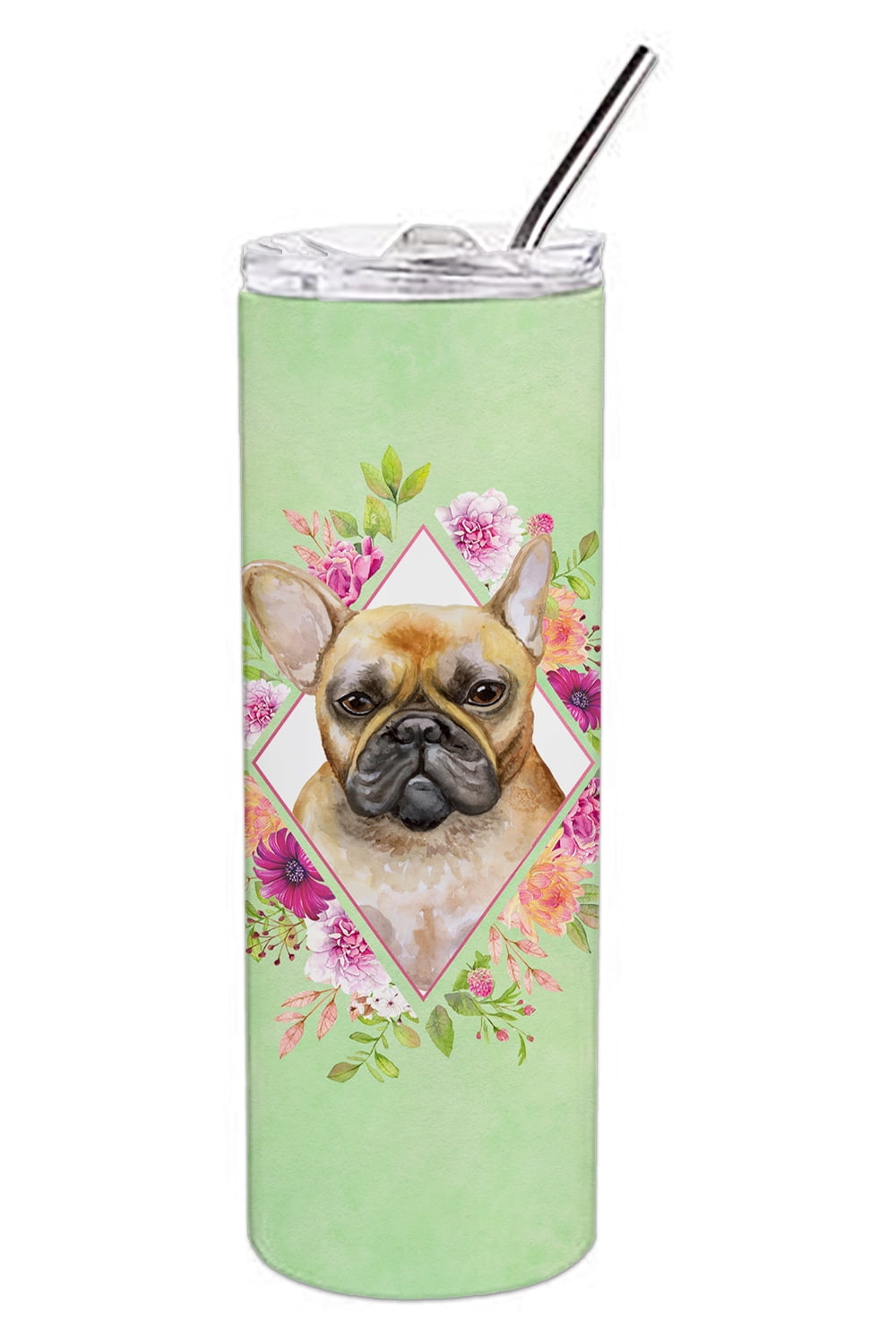 Picture of Carolines Treasures CK4304TBL20 20 oz Fawn French Bulldog Green Flowers Double Walled Stainless Steel Skinny Tumbler