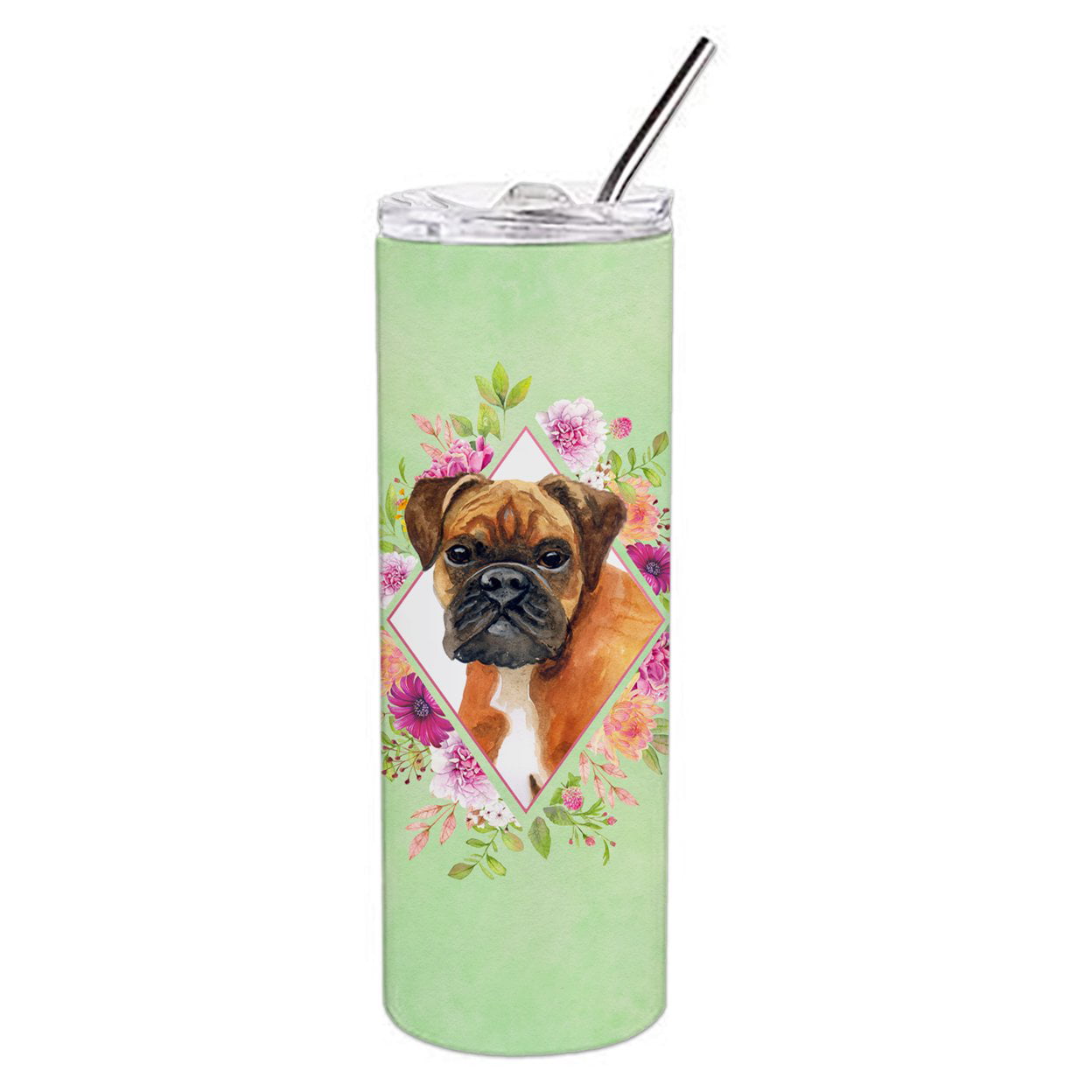 Picture of Carolines Treasures CK4305TBL20 20 oz German Boxer Green Flowers Double Walled Stainless Steel Skinny Tumbler