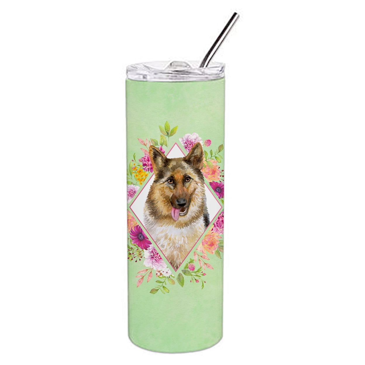 Picture of Carolines Treasures CK4306TBL20 20 oz German Shepherd No.1 Green Flowers Double Walled Stainless Steel Skinny Tumbler