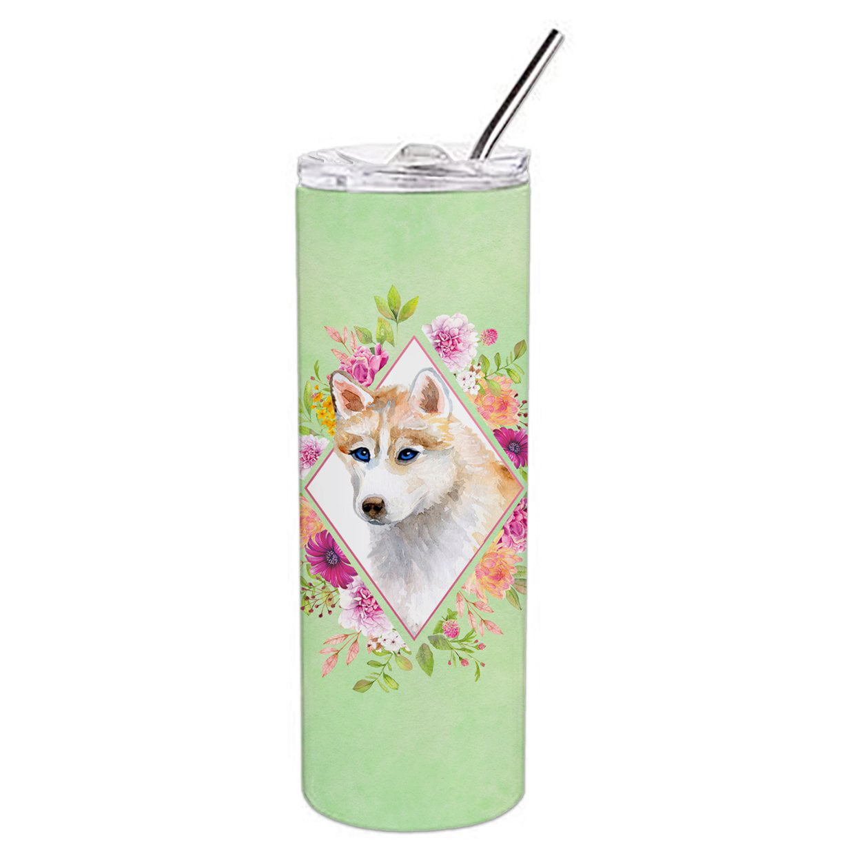 Picture of Carolines Treasures CK4308TBL20 20 oz Red Siberian Husky Green Flowers Double Walled Stainless Steel Skinny Tumbler