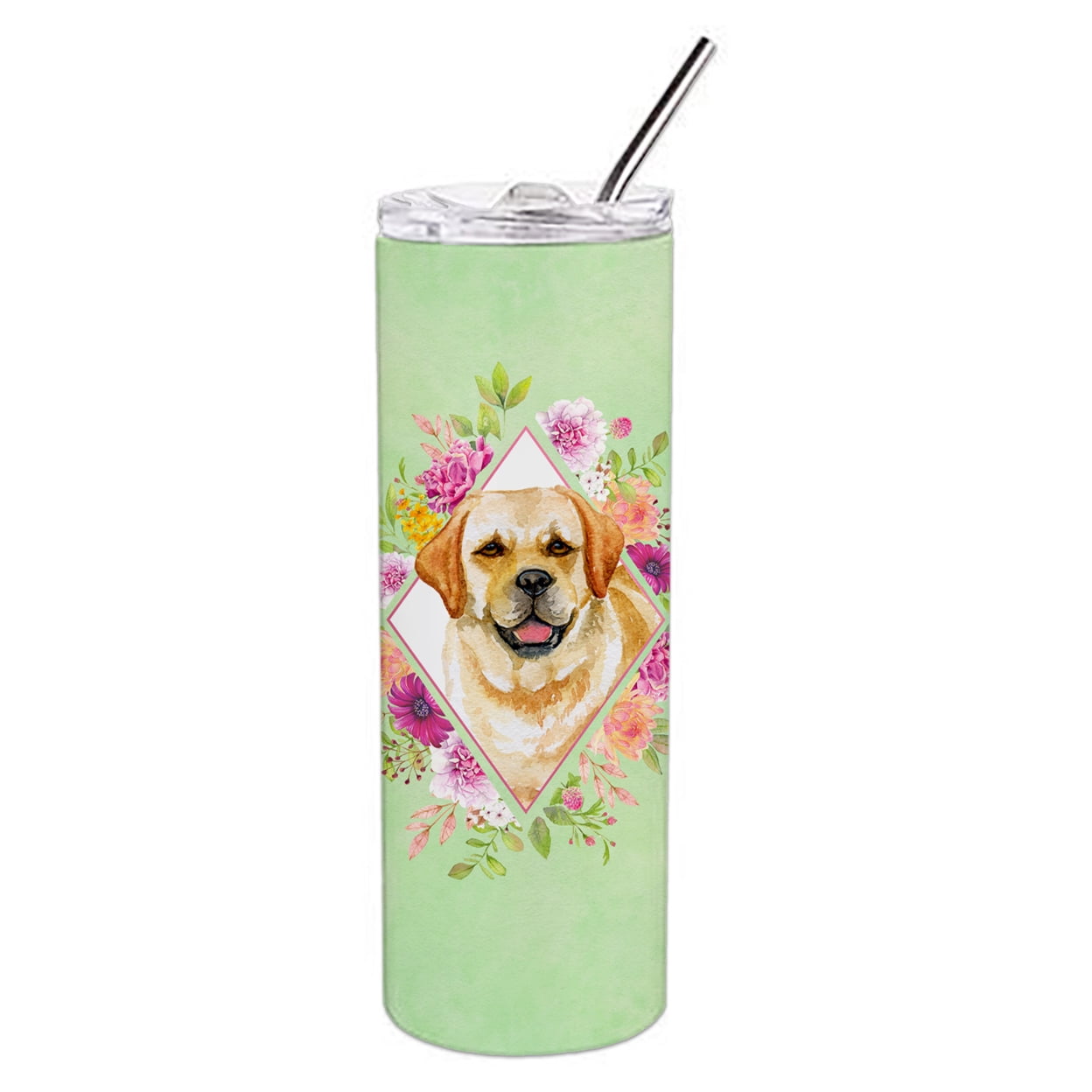 Picture of Carolines Treasures CK4309TBL20 20 oz Golden Retriever Green Flowers Double Walled Stainless Steel Skinny Tumbler