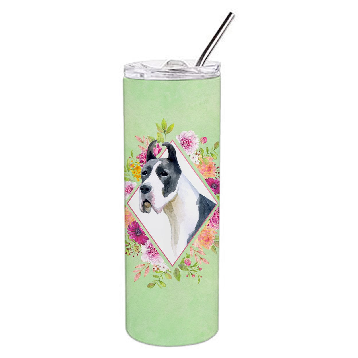 Picture of Carolines Treasures CK4310TBL20 20 oz Great Dane Green Flowers Double Walled Stainless Steel Skinny Tumbler