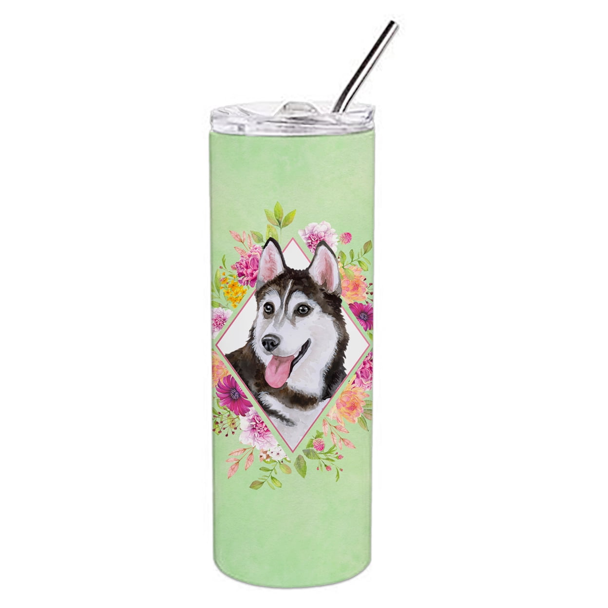 Picture of Carolines Treasures CK4311TBL20 20 oz Siberian Husky No.1 Green Flowers Double Walled Stainless Steel Skinny Tumbler