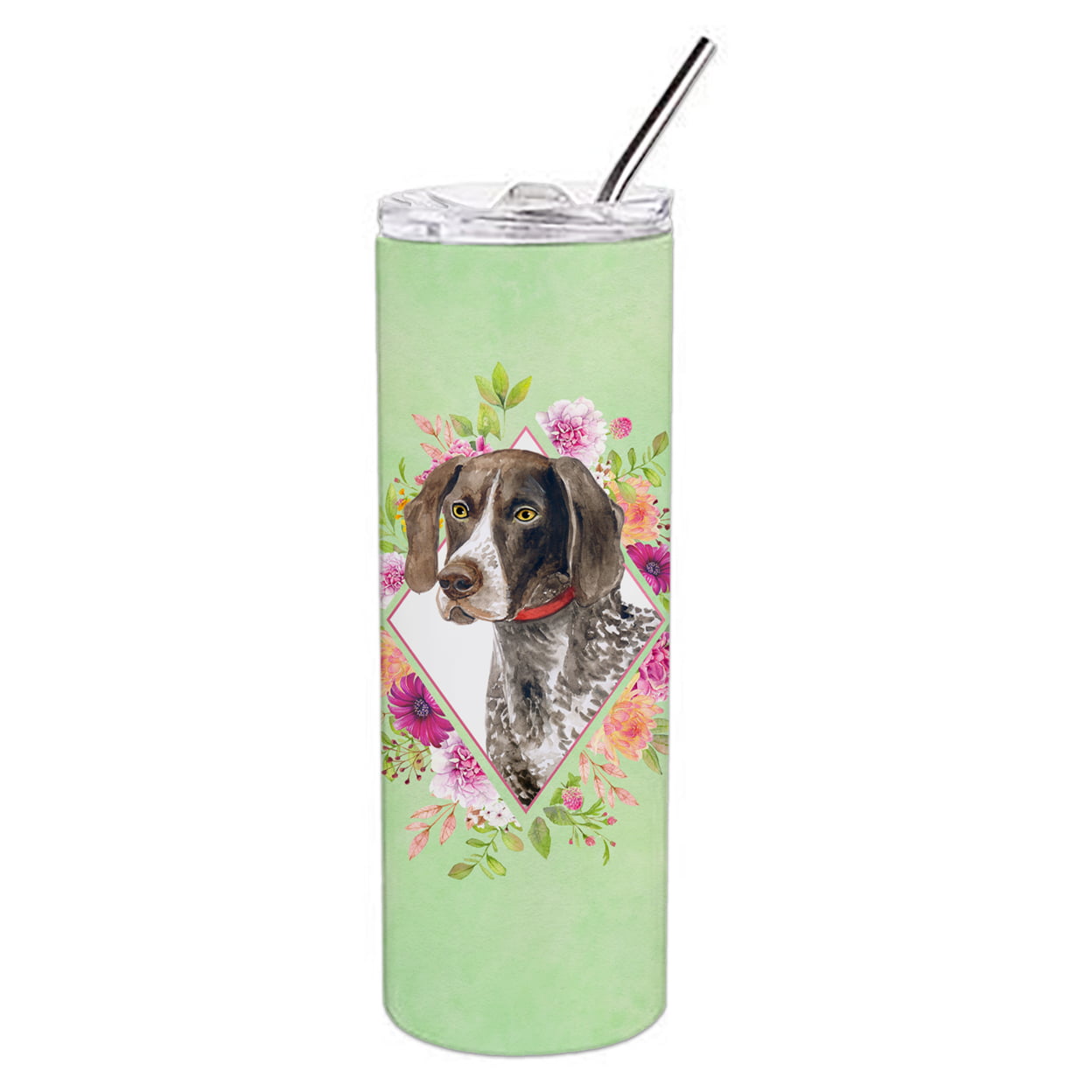 Picture of Carolines Treasures CK4317TBL20 20 oz German Shorthaired Pointer Green Flowers Double Walled Stainless Steel Skinny Tumbler