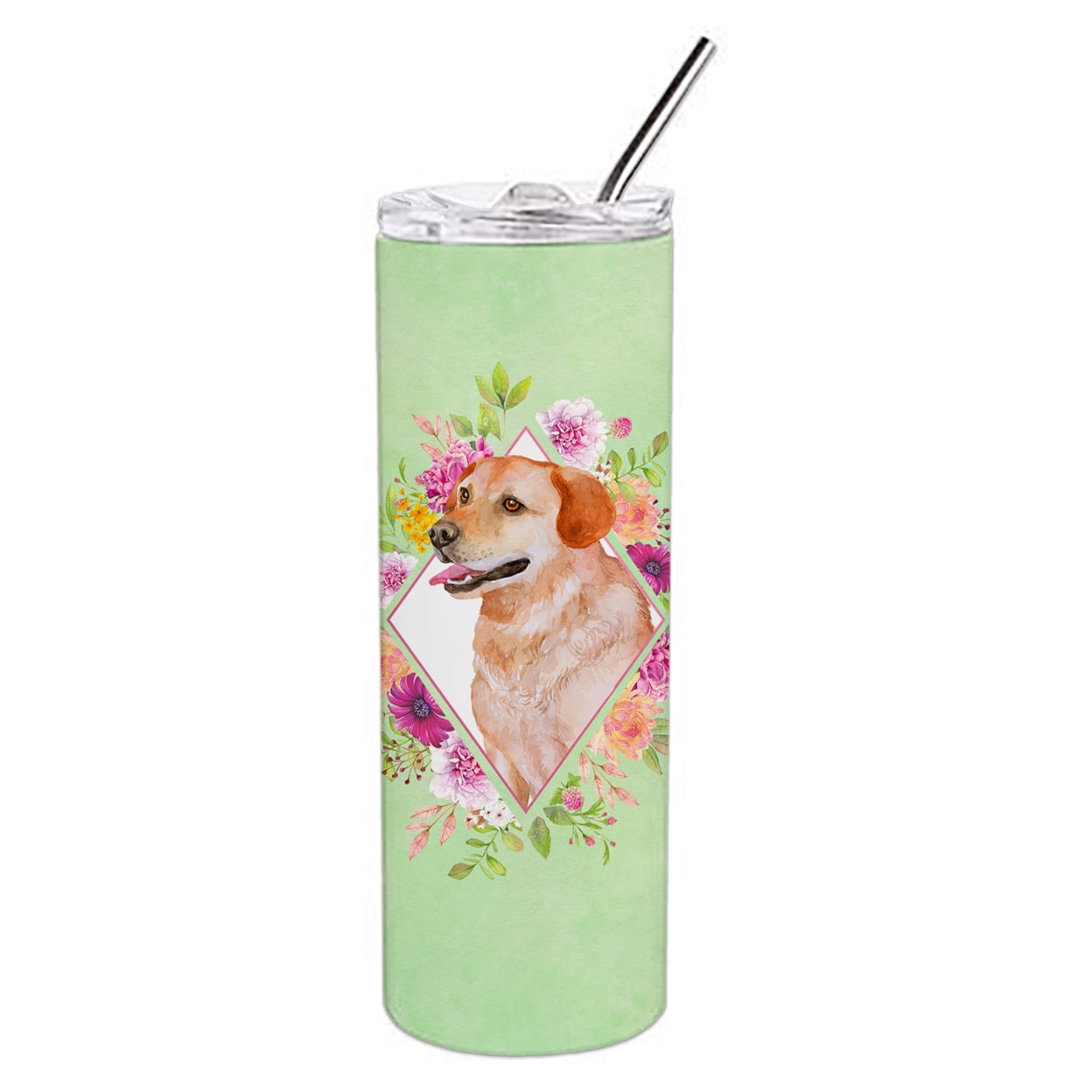 Picture of Carolines Treasures CK4318TBL20 20 oz Yellow Labrador Retriever Green Flowers Double Walled Stainless Steel Skinny Tumbler