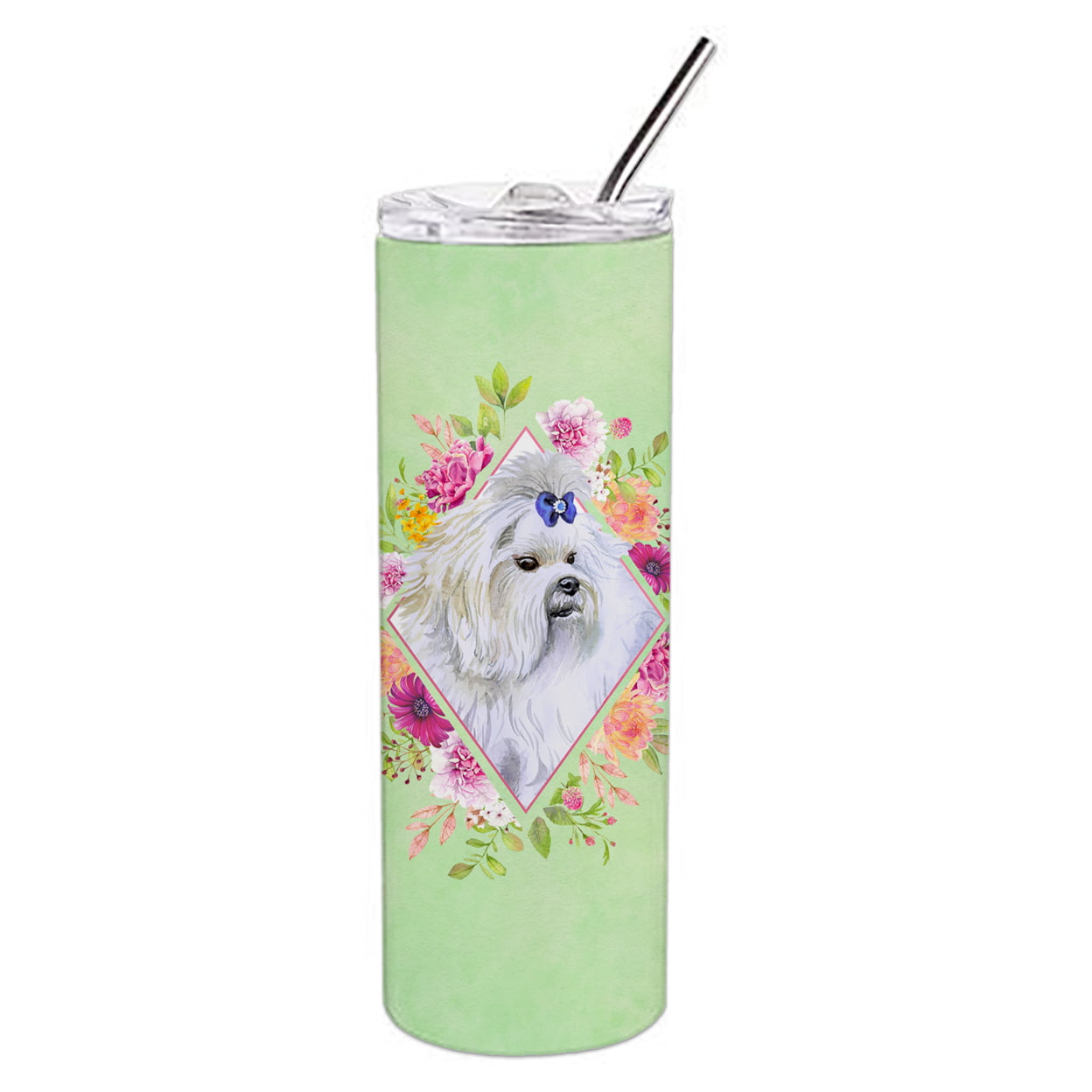 Picture of Carolines Treasures CK4319TBL20 20 oz Maltese Green Flowers Double Walled Stainless Steel Skinny Tumbler