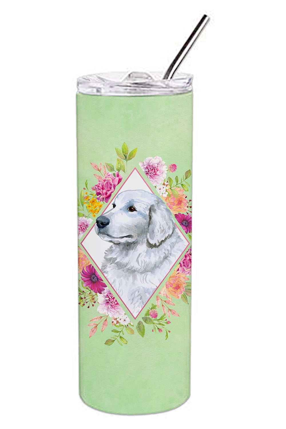Picture of Carolines Treasures CK4320TBL20 20 oz Great Pyrenees Green Flowers Double Walled Stainless Steel Skinny Tumbler