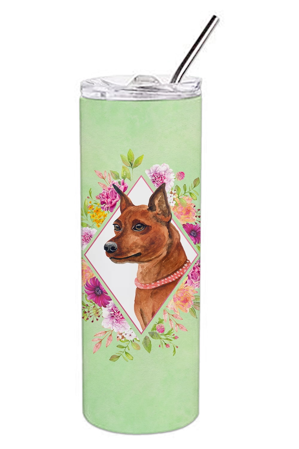 Picture of Carolines Treasures CK4321TBL20 20 oz Miniature Pinscher Green Flowers Double Walled Stainless Steel Skinny Tumbler