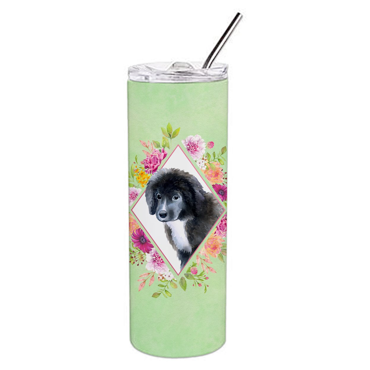 Picture of Carolines Treasures CK4324TBL20 20 oz Newfoundland Puppy Green Flowers Double Walled Stainless Steel Skinny Tumbler