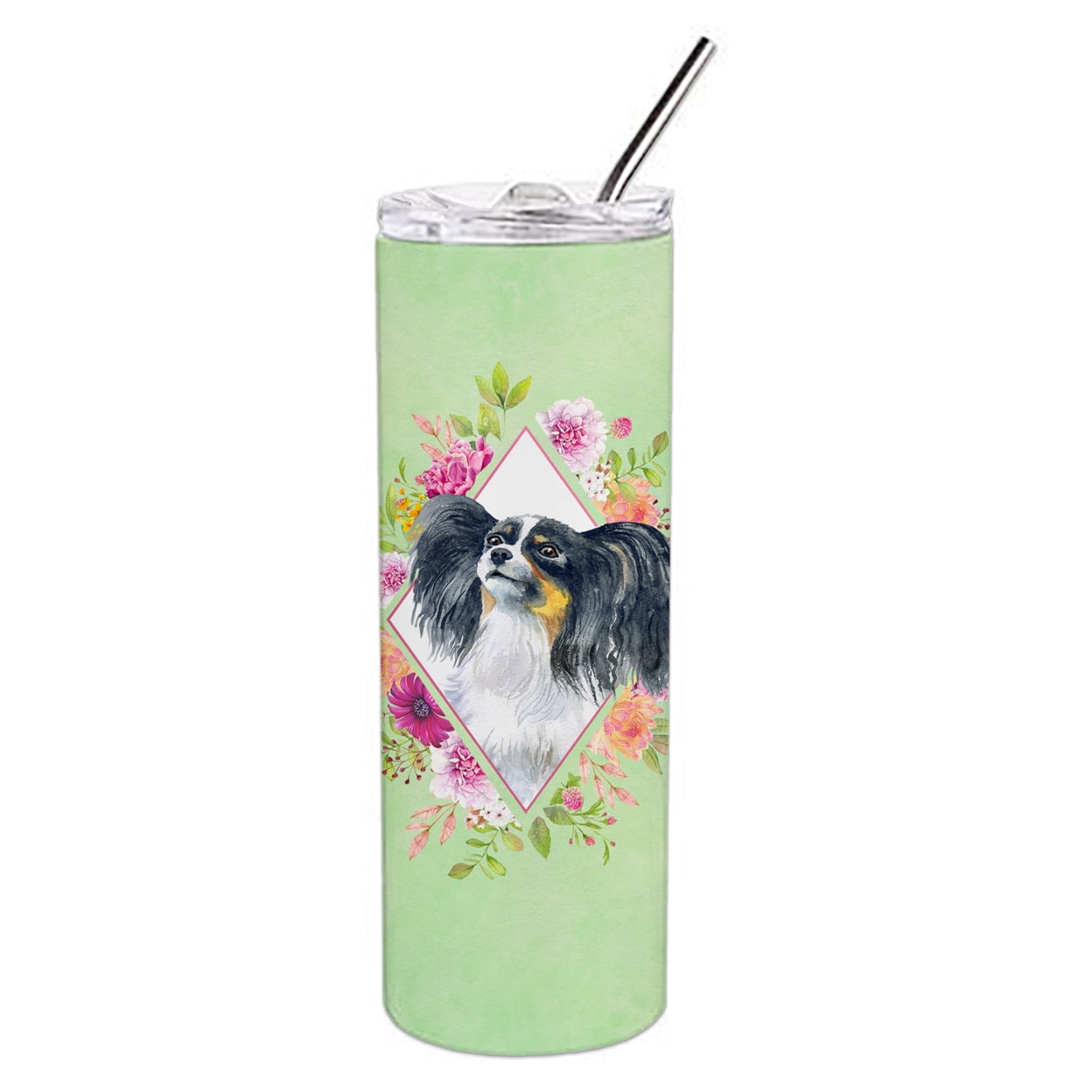 Picture of Carolines Treasures CK4325TBL20 20 oz Papillon Green Flowers Double Walled Stainless Steel Skinny Tumbler