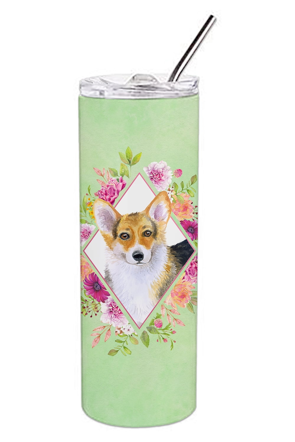 Picture of Carolines Treasures CK4327TBL20 20 oz Corgi Green Flowers Double Walled Stainless Steel Skinny Tumbler