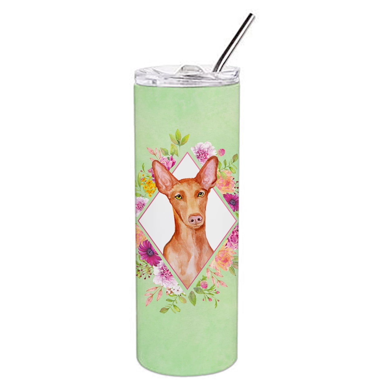 Picture of Carolines Treasures CK4328TBL20 20 oz Pharaoh Hound Green Flowers Double Walled Stainless Steel Skinny Tumbler