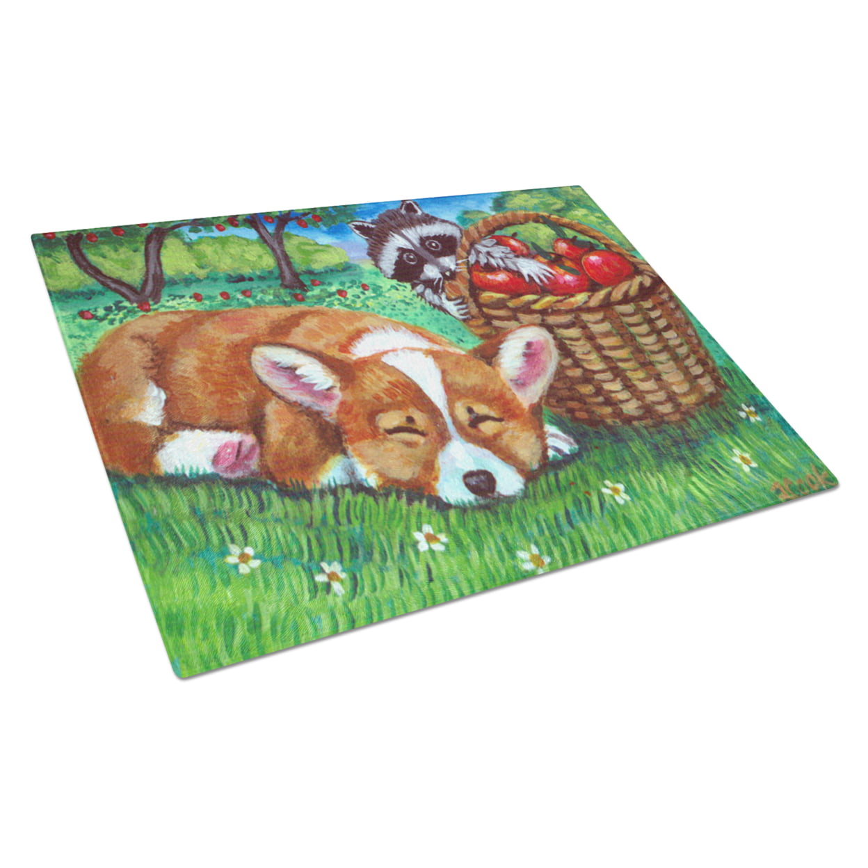 Picture of Carolines Treasures 7430LCB Corgi With the Racoon Apple Thief Glass Cutting Board - Large