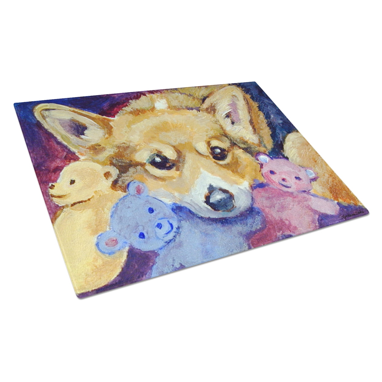 Picture of Carolines Treasures 7431LCB Corgi With all the toys Glass Cutting Board - Large