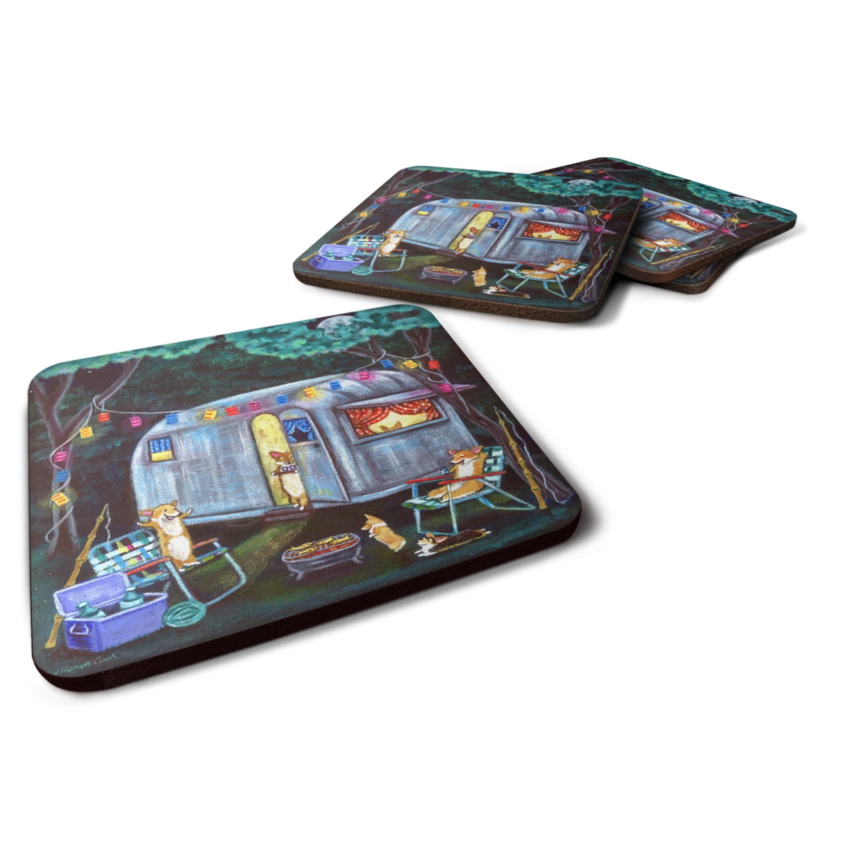 Picture of Carolines Treasures 7435FC Corgi Glamping Fish Tales Trailer Foam Coasters