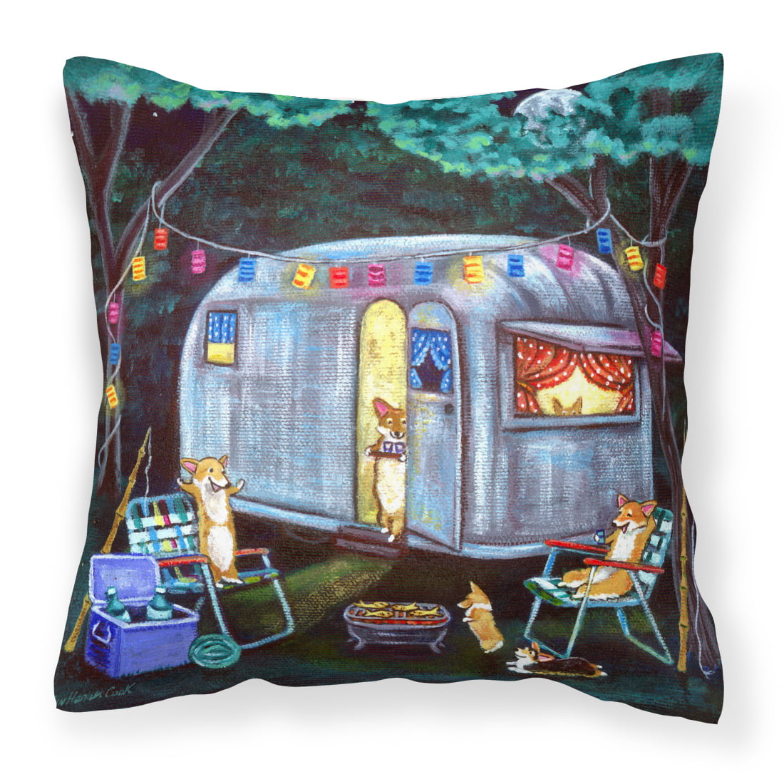 Corgi Glamping Fish Tales Trailer Fabric Decorative Pillow