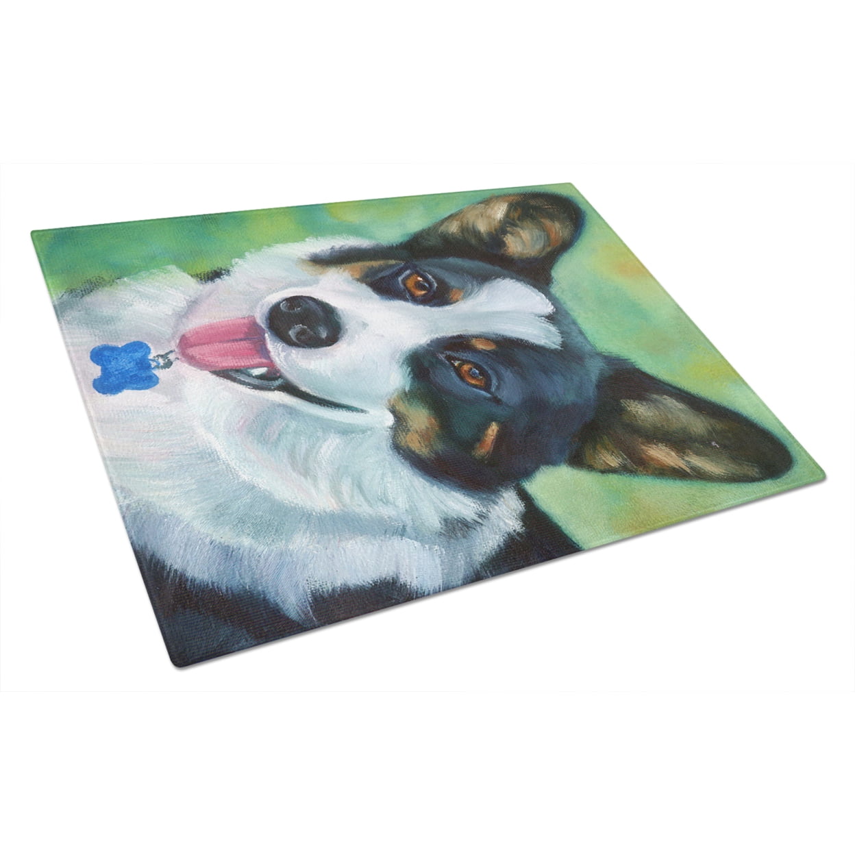 Picture of Carolines Treasures 7438LCB Corgi With Blue tag Glass Cutting Board - Large