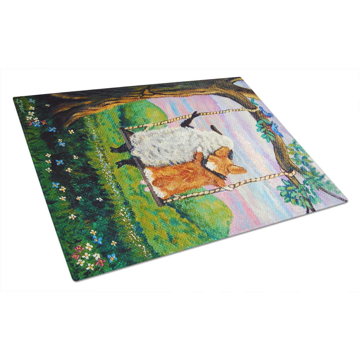 Picture of Carolines Treasures 7439LCB Corgi With Sheep Love Grows Glass Cutting Board - Large