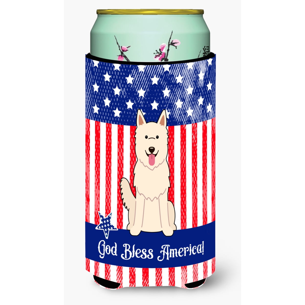Patriotic USA White German Shepherd Tall Boy Beverage Insulator Hugger