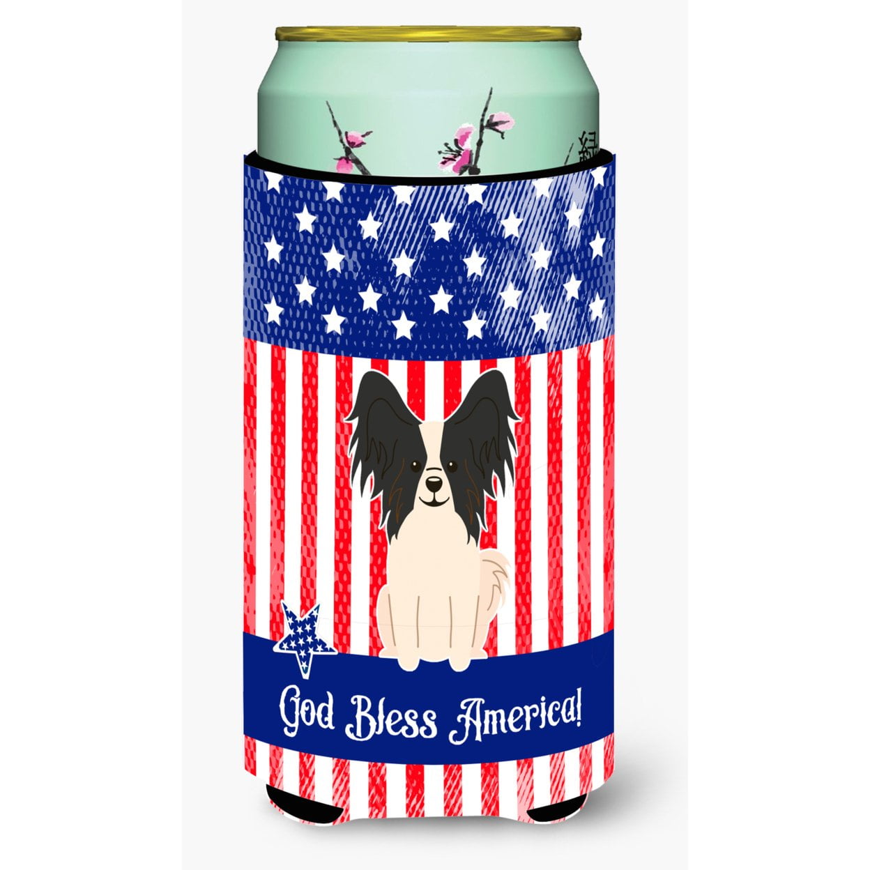 Patriotic USA Papillon Black White Tall Boy Beverage Insulator Hugger