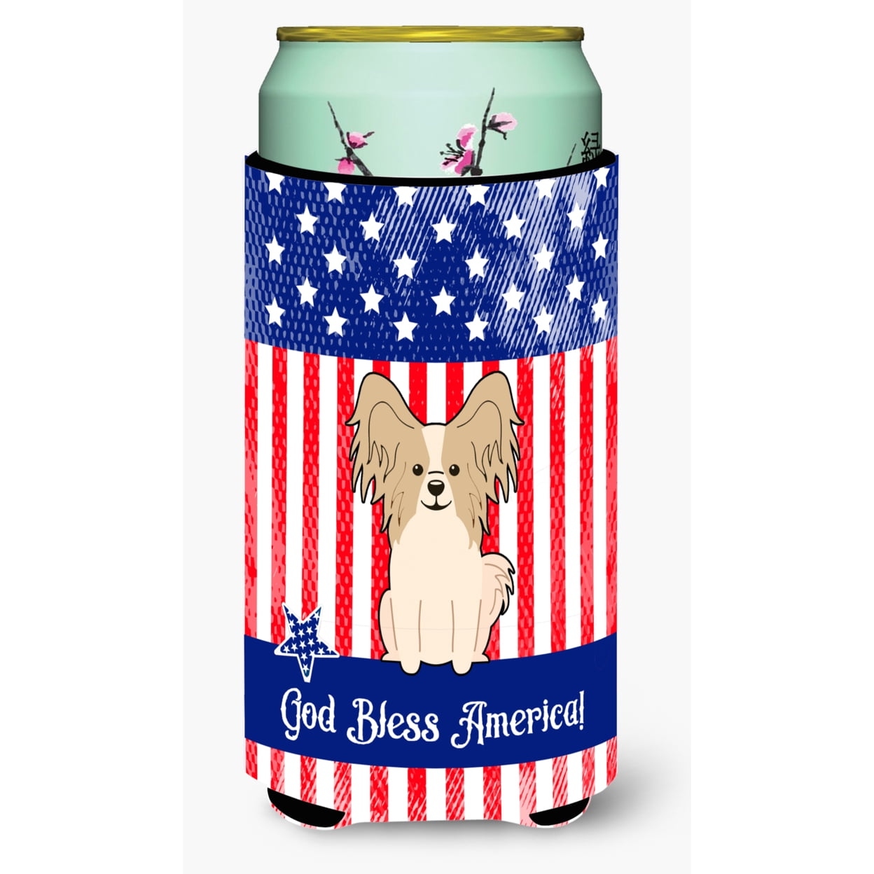 BB3072TBC Patriotic USA Papillon Sable White Tall Boy Beverage Insulator Hugger