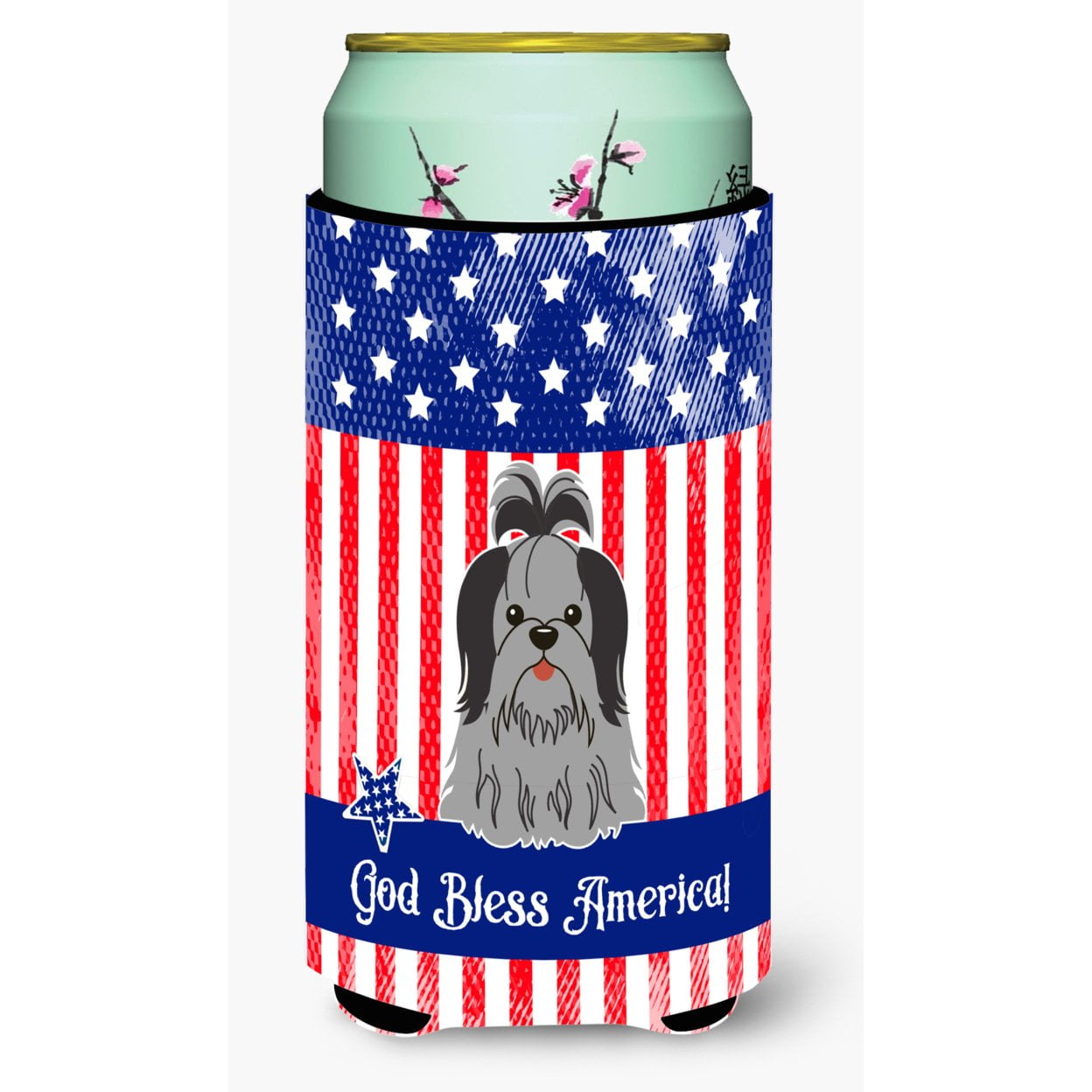 Patriotic USA Shih Tzu Black Silver Tall Boy Beverage Insulator Hugger