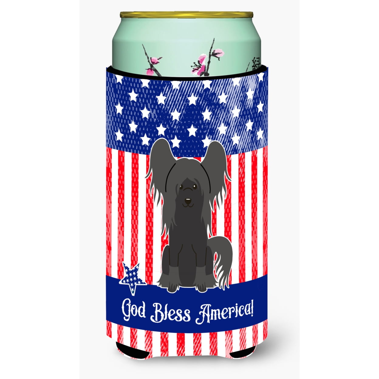 Patriotic USA Chinese Crested Black Tall Boy Beverage Insulator Hugger