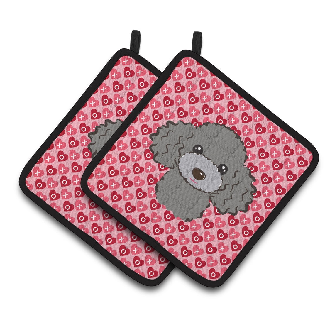 Silver Gray Poodle Hearts Pair of Pot Holders