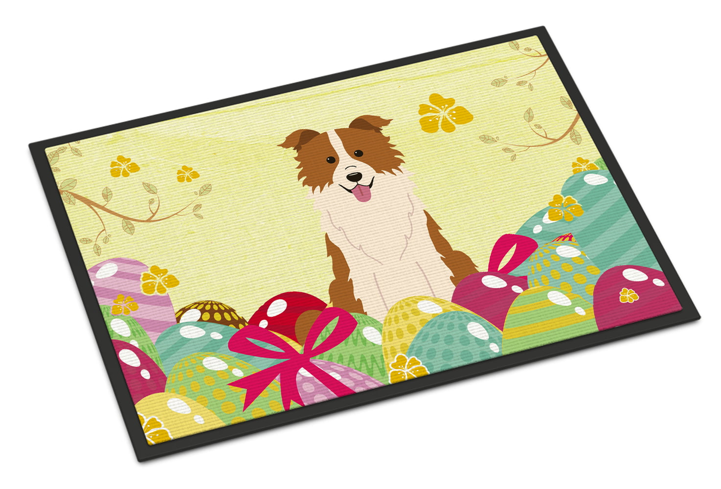 24 x 36 in. Easter Eggs Border Collie Red White Indoor or Outdoor Mat