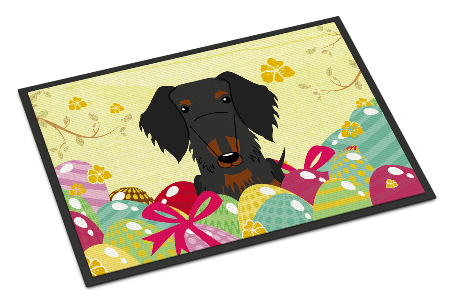 BB6127JMAT 24 x 36 in. Easter Eggs Wire Haired Dachshund Black Tan Indoor or Outdoor Mat
