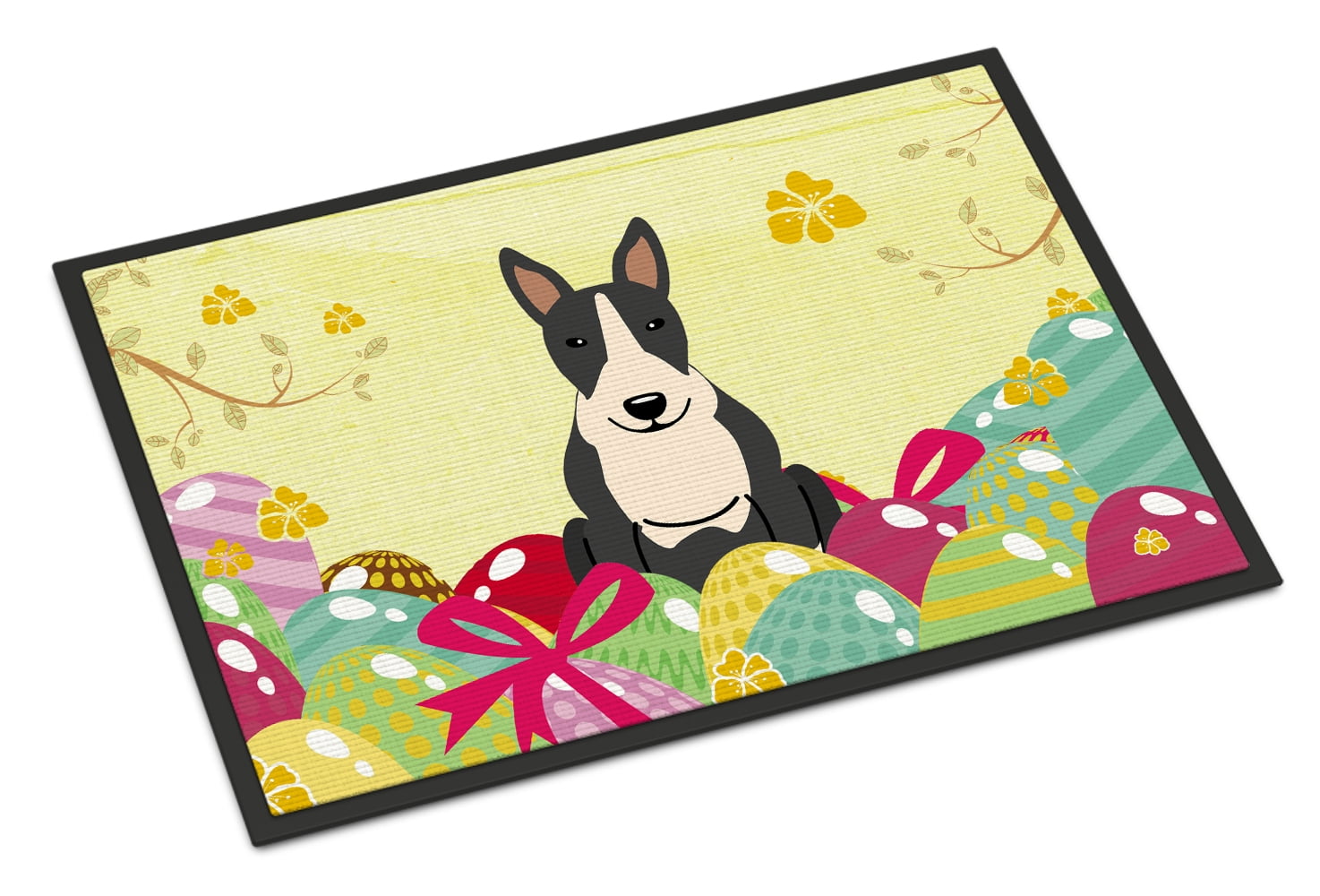 24 x 36 in. Easter Eggs Bull Terrier Black White Indoor or Outdoor Mat