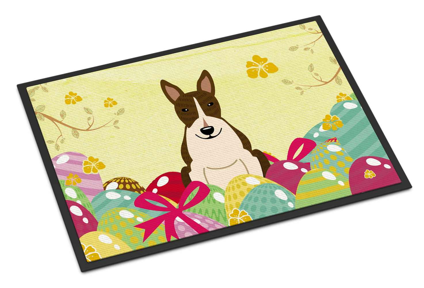 24 x 36 in. Easter Eggs Bull Terrier Dark Brindle Indoor or Outdoor Mat