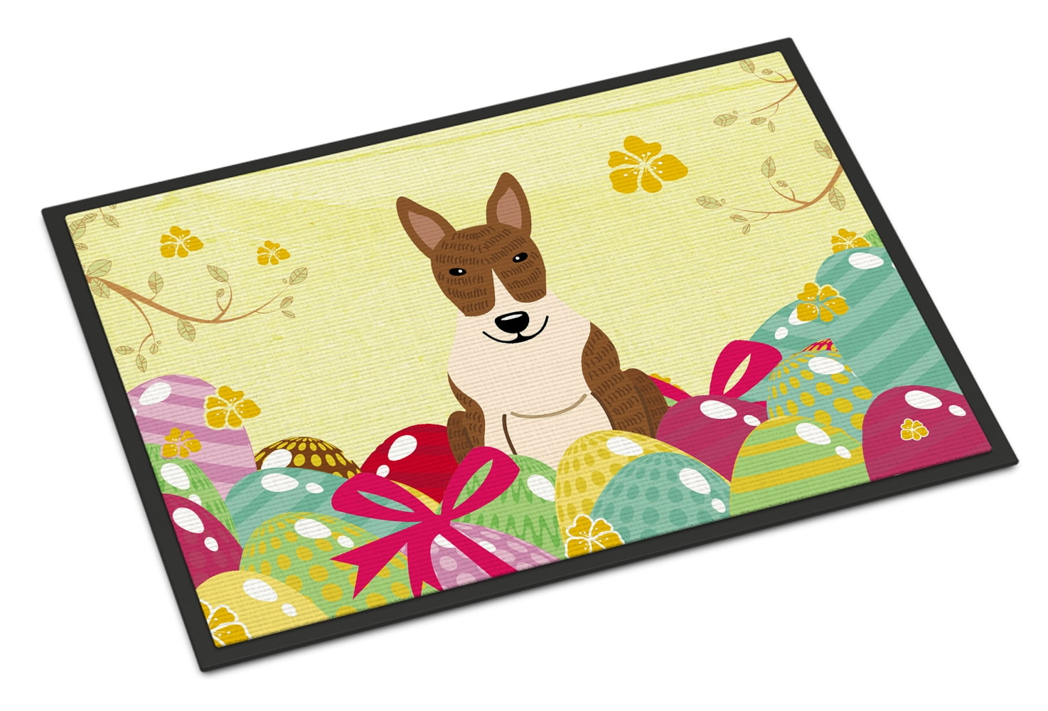 24 x 36 in. Easter Eggs Bull Terrier Brindle Indoor or Outdoor Mat