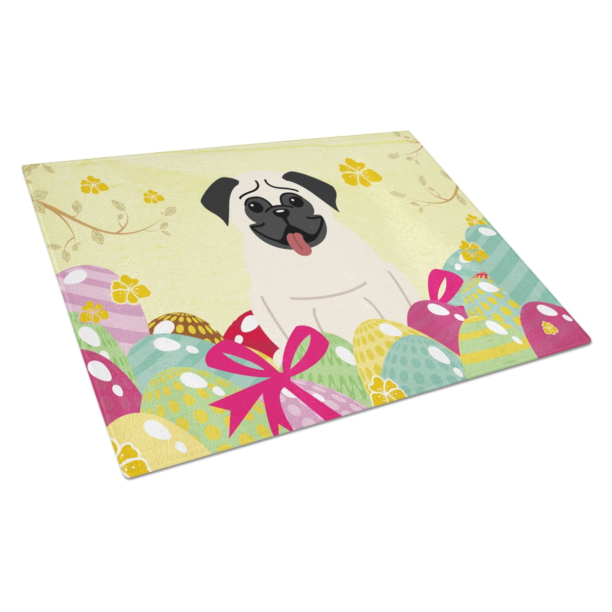 Easter Eggs Pug Cream Glass Cutting Board - Large