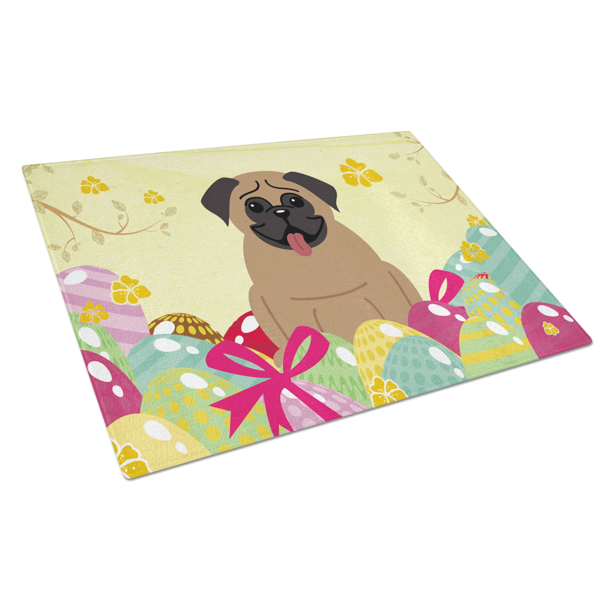 BB6005LCB Easter Eggs Pug Brown Glass Cutting Board - Large