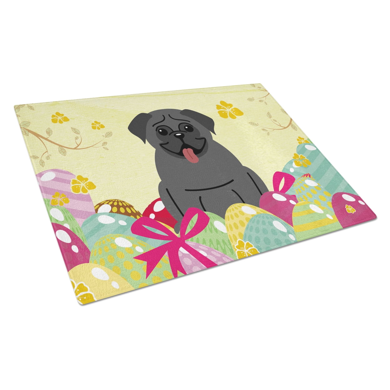 Easter Eggs Pug Black Glass Cutting Board - Large
