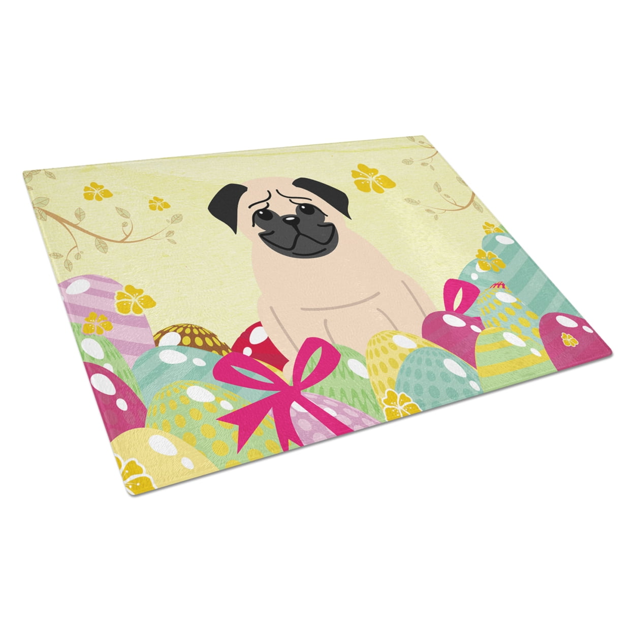 BB6008LCB Easter Eggs Pug Fawn Glass Cutting Board - Large