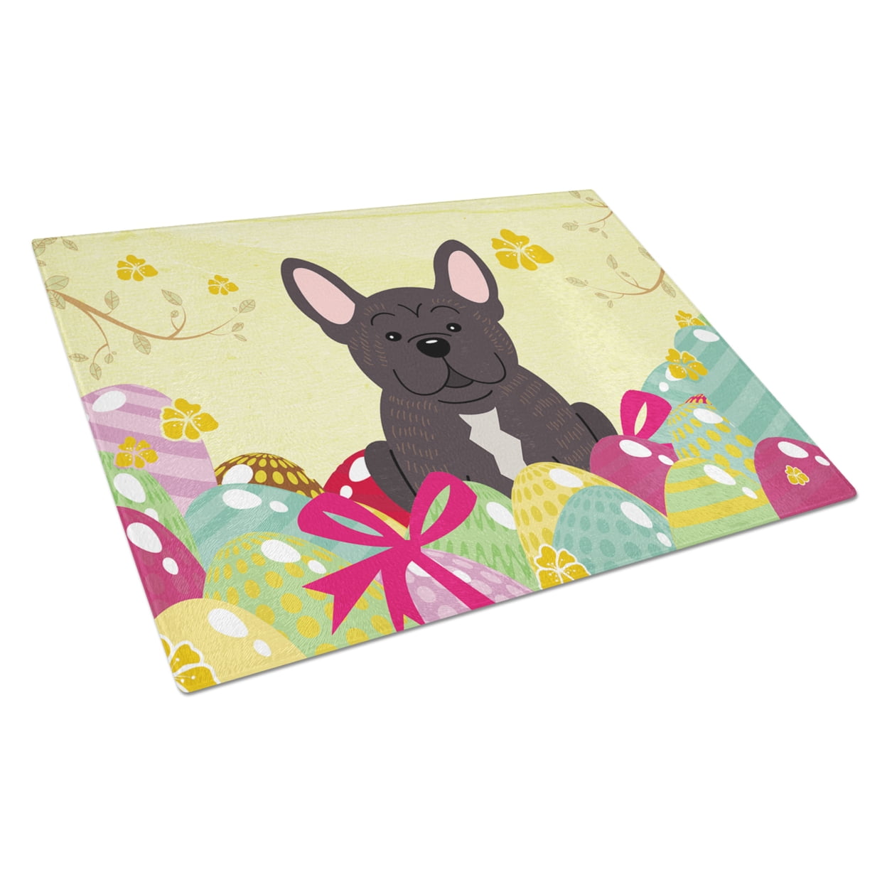 BB6009LCB Easter Eggs French Bulldog Brindle Glass Cutting Board - Large