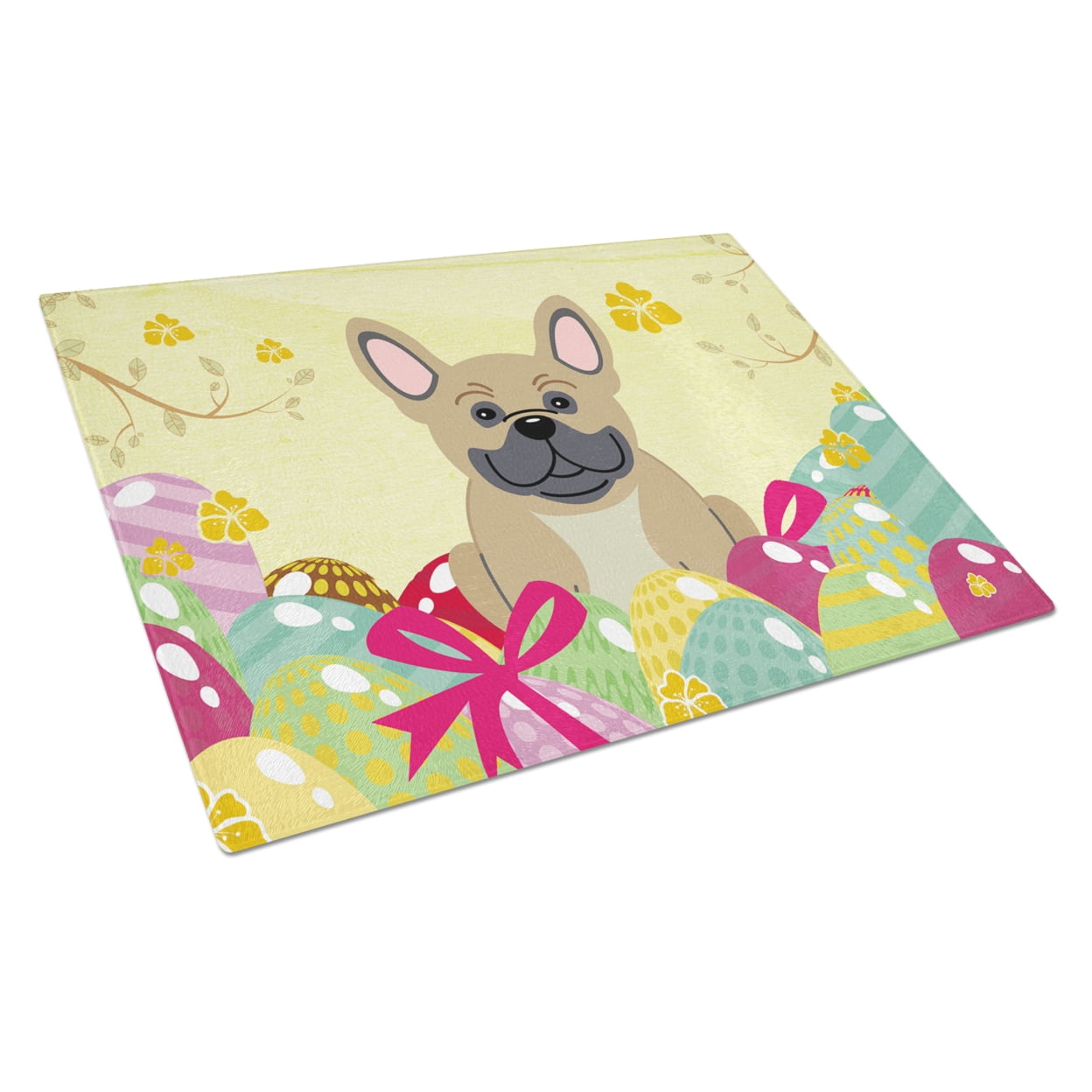 BB6010LCB Easter Eggs French Bulldog Cream Glass Cutting Board - Large