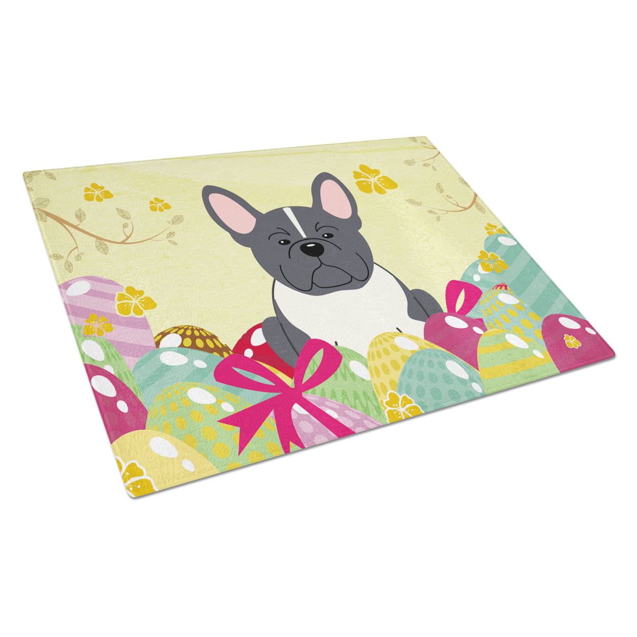 BB6012LCB Easter Eggs French Bulldog Black & White Glass Cutting Board - Large